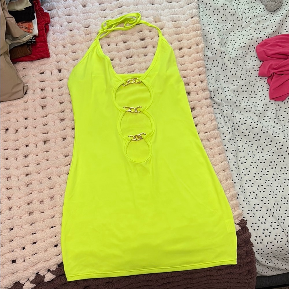 Neon Yellow Halter Dress with Chain Detail
